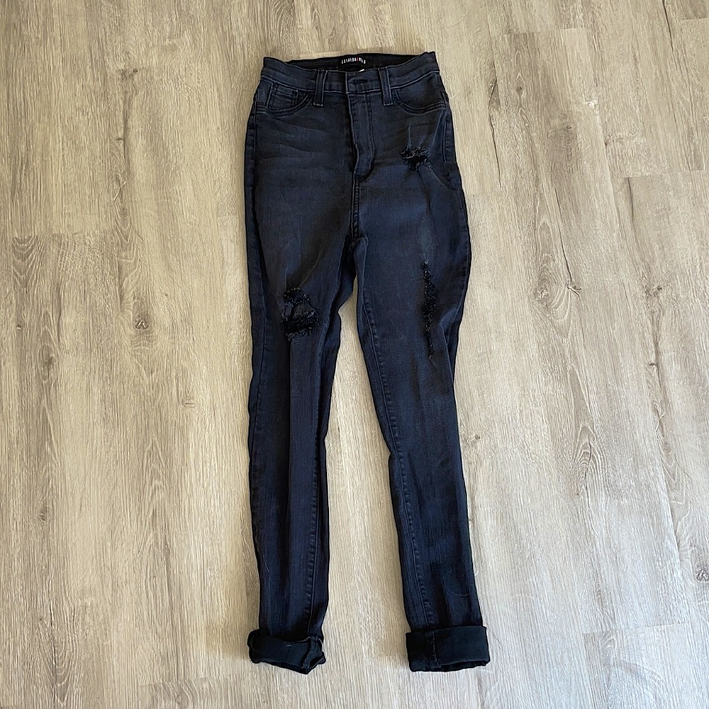 FASHION NOVA black denim, distressed skinny jeans